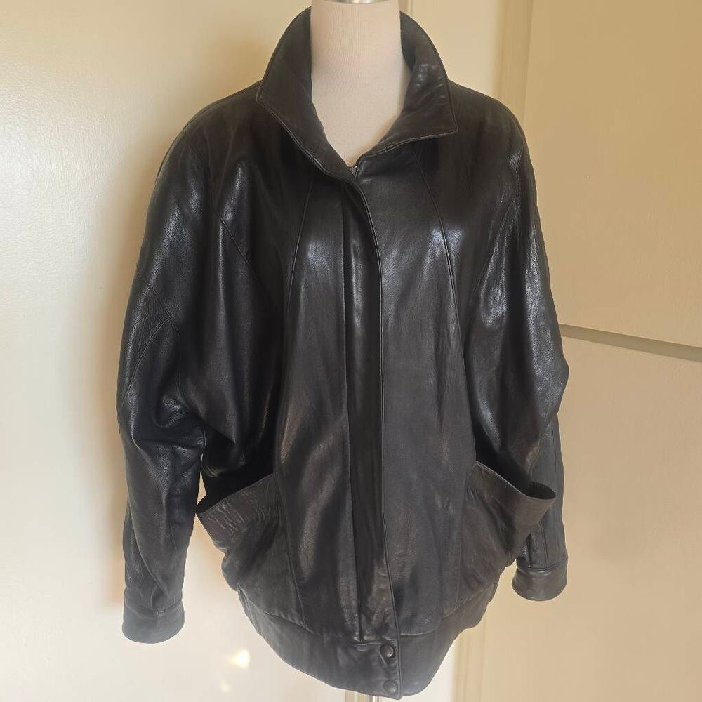 John Michael Vintage Blk Leather Woman's Bomber Jkt, Front Pkts., Lined NWOT, M